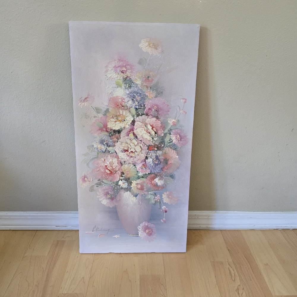 P. Keeling Oil On Canvas Painting Flowers Floral Still Life Impasto 3 Dimentiona